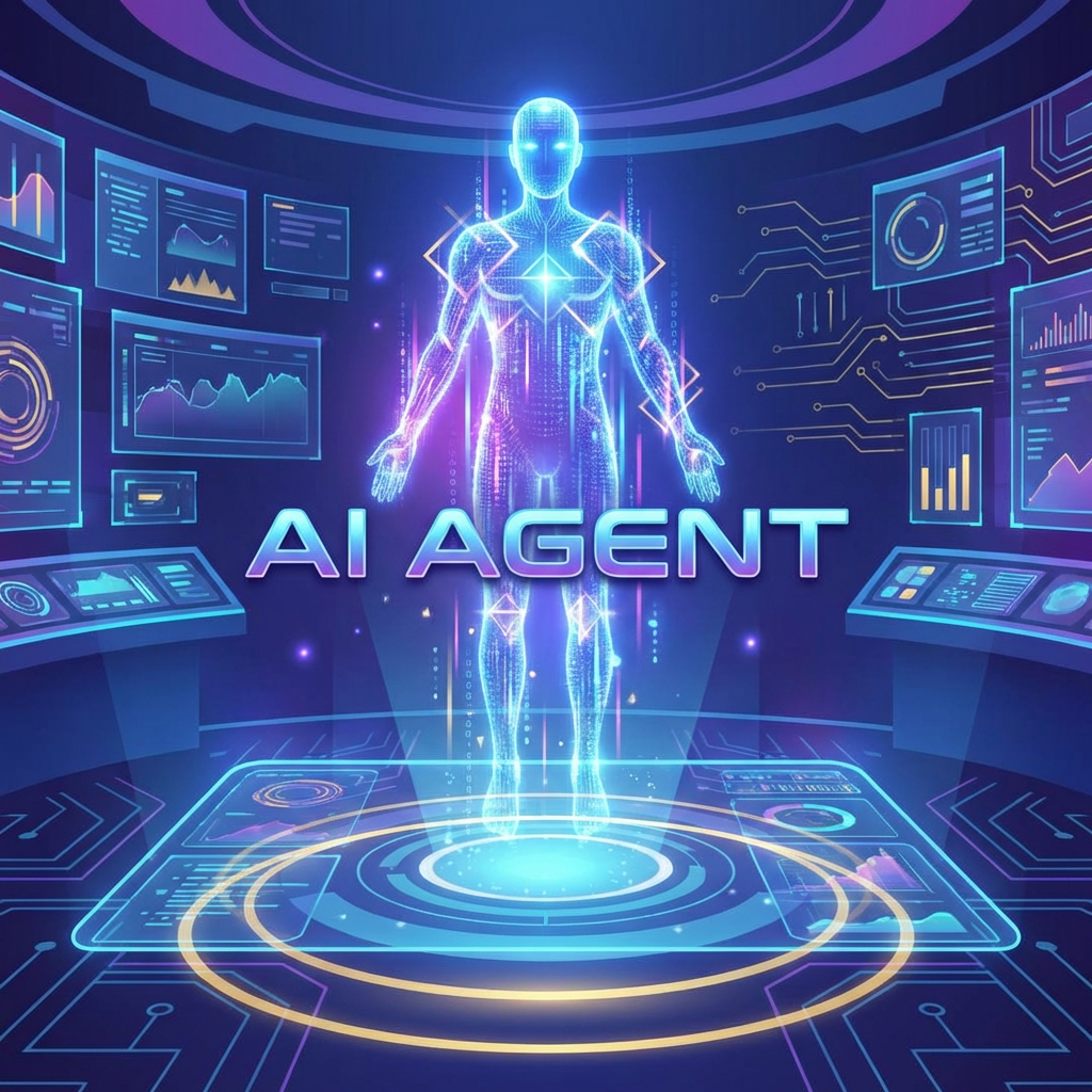 Glowing blue holographic human figure in a futuristic room with text reading AI AGENT